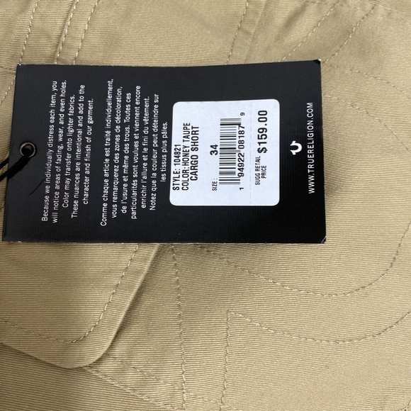 True Religion Men Cargo Khaki  Tan Shorts Size 34 $159 NWT - Picture 7 of 7